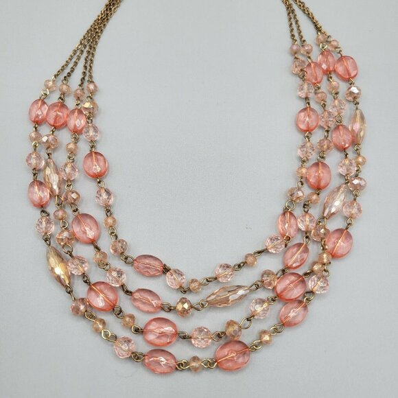 Multi-Strand Pink Peach Beaded Springtime Necklace Gold Tone Lobster Clasp - Picture 3 of 4